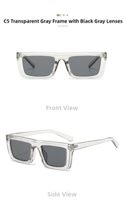 Front and side views of transparent grey square frame sunglasses with black-grey lenses