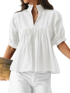 Damen Bluse Polyester Elasthan V Ausschnitt Plissee Design Puffärmel Rüschenkragen Lässig Lockere Passform Einfarbig Tops