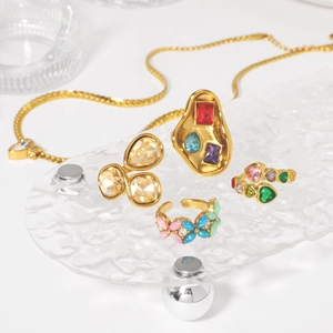 Vintage gold jewelry set with colorful zircon butterfly flowers and crystal rings