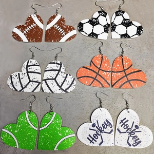 Collection of heart-shaped faux leather earrings featuring various sports ball patterns