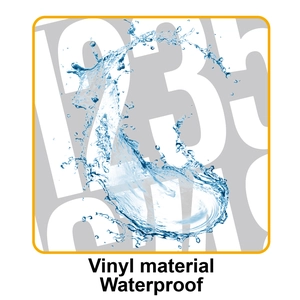 Close-up of waterproof vinyl letter stickers showing splash resistance on white surface