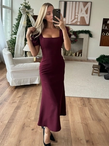 Slim fit square neck puff sleeve midi dress in deep wine red for a festive elegant look