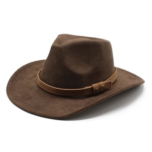 Brown wide-brim western cowboy hat in wool felt with leather band and metal rivets