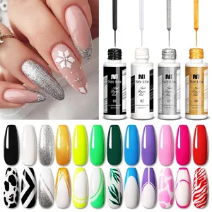 8ml 3D nail art liner gel set with black, white, gold and silver glitter paint effects
