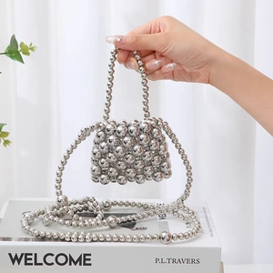 Polished silver beaded mini handbag for girls with metallic shoulder strap and handle