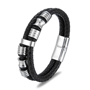 Men's double-layered braided black leather bracelet with silver stainless steel magnetic clasp