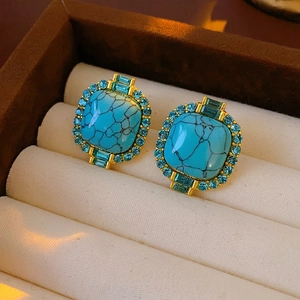 Vintage Square Stud Earrings With Silver Earring Post Alloy Faux Turquoise Blue Rhinestone Palace Style Luxury For Women