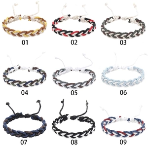 Grid display of nine adjustable braided cotton rope bracelets in various multi-color patterns