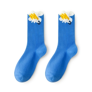 Blue crew socks with cloud and lightning patterns made of soft combed cotton fabric