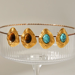 Vintage gold stainless steel earrings featuring tiger eye and turquoise stone inlays