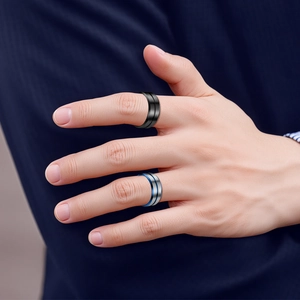 Men's two-tone titanium steel rings with brushed finish and grooved blue edges