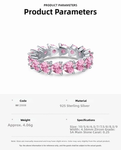 Detail of S925 silver ring featuring 4.56mm width and 0.25ct pink heart zircon specs