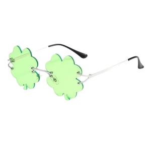 Frameless green shamrock sunglasses with silver metal temples for festive party decoration