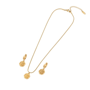 Golden rose flower pendant jewelry set with stainless steel necklace and earrings