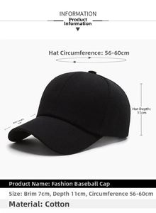 Dettaglio del cappello da baseball in cotone nero con visiera da 7cm e profondità 11cm