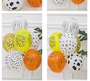 Detail showing various 12 inch jungle animal print latex balloons for party decoration