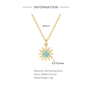 Detailed spec sheet for 925 sterling silver sunflower necklace with turquoise zircon