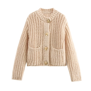 Women Chunky Knit Cardigan Sweater Round Neck Long Sleeve Gold Buttons Loose Fit Casual Minimalist Knitted Outwear Cream