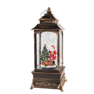 Lanterne de Noël vintage en bronze avec boîte à musique, Père Noël et paillettes