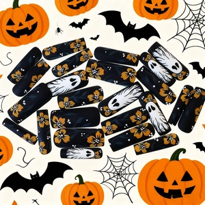 Halloween press-on nails set featuring black matte finish with white ghosts and orange flowers