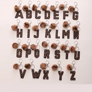 Leopard Print Alphabet Keychain Faux Leather Initial Letter Key Ring With Brown Fur Pom Pom Retro Bag Pendant Accessory