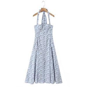 Light blue floral halter neck dress with front buttons and backless design for women