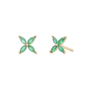 Detail of gold clover stud earrings featuring green oval stones and butterfly backings