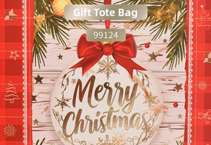 Detail of a red Christmas gift bag featuring a golden Merry Christmas logo and velvet bow