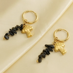 Mushroom Drop Earrings Stainless Steel 18K Gold Plated Natural Black Stone Beads Geometric Hoop For Women Vintage