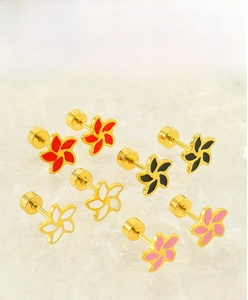 Detailed view of colorful enamel flower earrings with secure round screw backings