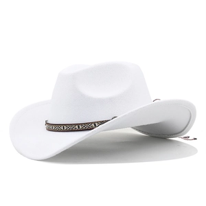 Detailed view of white felt cowboy hat with a decorative geometric pattern woven band