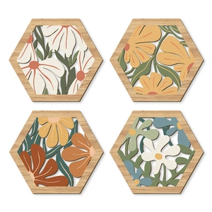 Set of four hexagonal wood floral wall art pieces in Morandi colors and geometric cutout style