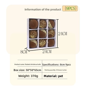 Detail of 8cm flocked brown Christmas balls with gold glitter patterns in a 9-piece set