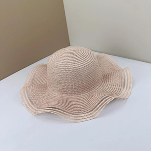 French style beige straw sun hat with wide wavy brim and mesh stripes for women