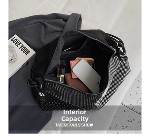 Macro detail of spacious interior in rhinestone tote bag showing ample daily storage