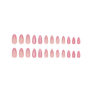 Pink French cat-eye press-on nails in almond shape with 3D flower and glitter details