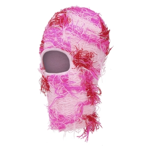 Distressed pink and red fringe knit Balaclava ski mask with cozy thermal protection