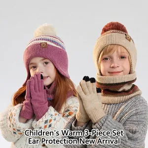 Kids Winter Knitted Hat Scarf And Gloves Acrylic Fleece Lined Ear Protection Pom Pom Touchscreen Striped For Boys Girls