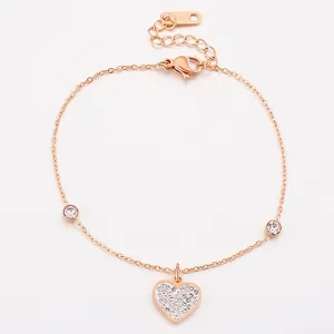 Stainless Steel Heart Pendant Bracelet For Women Pave Rhinestone Minimalist Elegant Adjustable Chain Rose Gold Gold Silver Jewelry