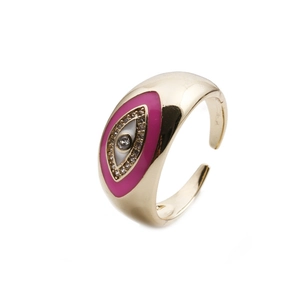 Adjustable gold plated evil eye ring with pink enamel and sparkling center crystal stone