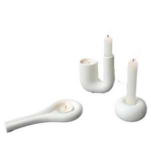 Modern white ceramic candle holder set in U-shape and ring designs for table decor