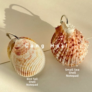 Close-up of seashell-shaped notebooks with natural textures and metal binder rings
