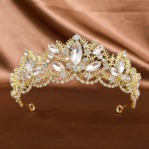 Baroque gold zircon bridal crown with intricate floral alloy filigree and crystals