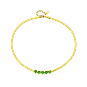 Elegant 18K gold snake chain necklace featuring five green heart-shaped gemstones