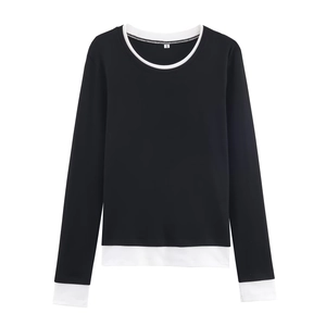 Women's casual long sleeve T-shirt with black and white contrast layered design