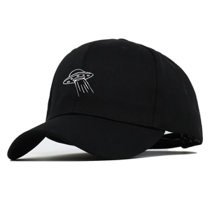 Black baseball cap featuring white UFO embroidery with a curved brim for outdoor sun protection