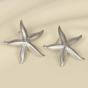 Macro detail of 304 stainless steel starfish stud earrings with textured metallic finish
