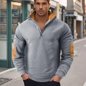 Men's quarter-zip casual sweatshirt in grey with mustard yellow elbow patches and stand collar