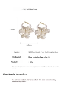 Detailed size specifications for pearl shell hoop earrings with 925 silver needles
