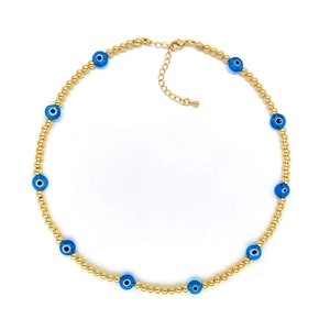 18K gold beaded Evil Eye necklace with blue charms and adjustable lobster clasp
